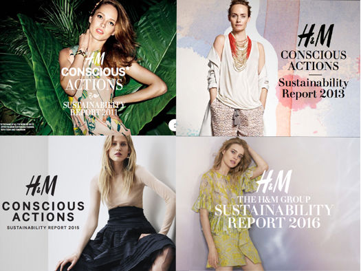 Photo of four report covers illustrating H&M's tendency to favour using white and female models