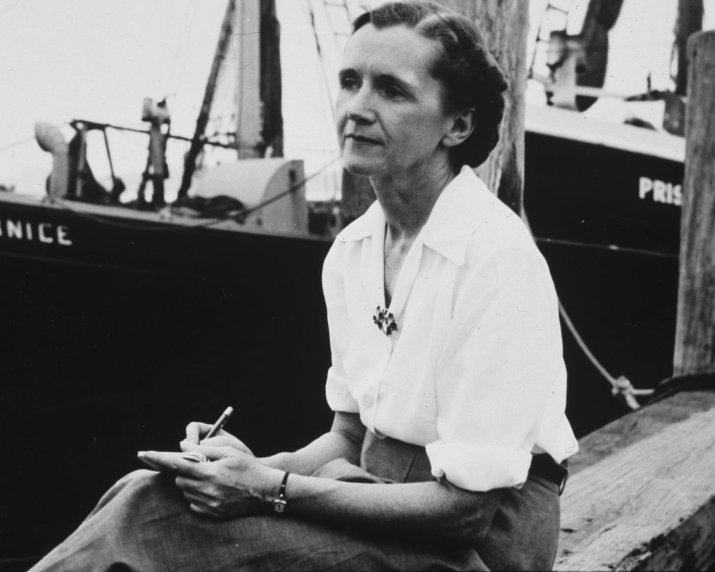 Rachel Carson sits beside a research vessel in Woods Hole, Massachusetts.