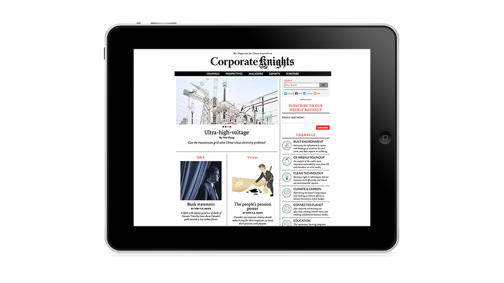 An iPad shows the Corporate Knights website.