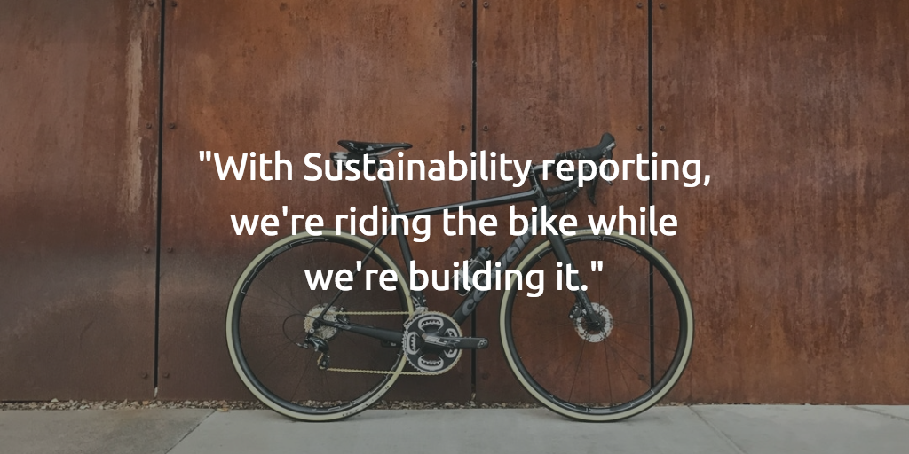 Text over a bike reads: With sustainability reporting, we're riding the bike while we're still building it.