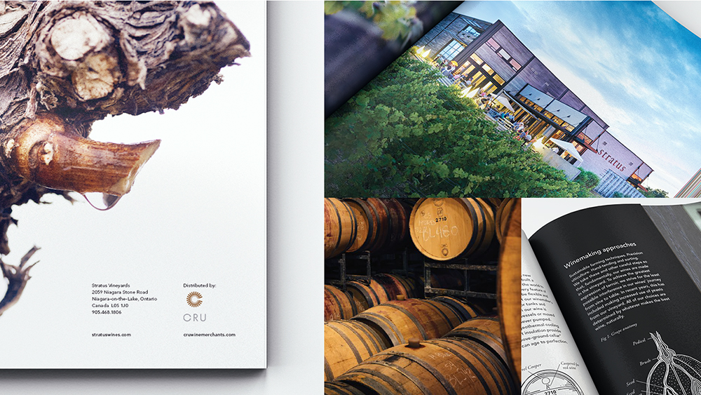 A brochure for Stratus Vineyards highlights images of a building, wine barrels, and oak.