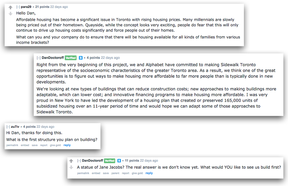 Reddit users and the CEO of Sidewalk Labs exchange ideas on Reddit.