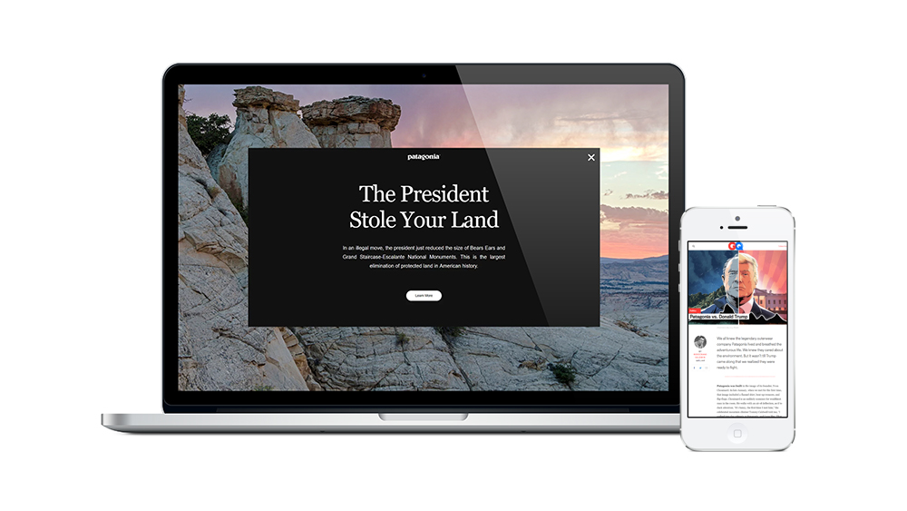 The desktop homepage of Patagonia's website reads "The President Stole Your Land." A GQ article on mobile highlights the conflict between the company and the current US president, Donald Trump.