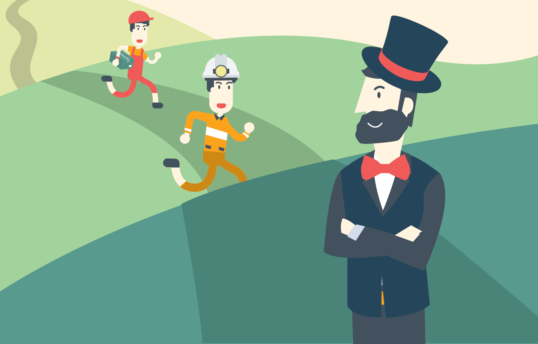 Three men are in a line on a road. One is dressed as a telegraph messenger, one as a steel worker, and one as a businessman.
