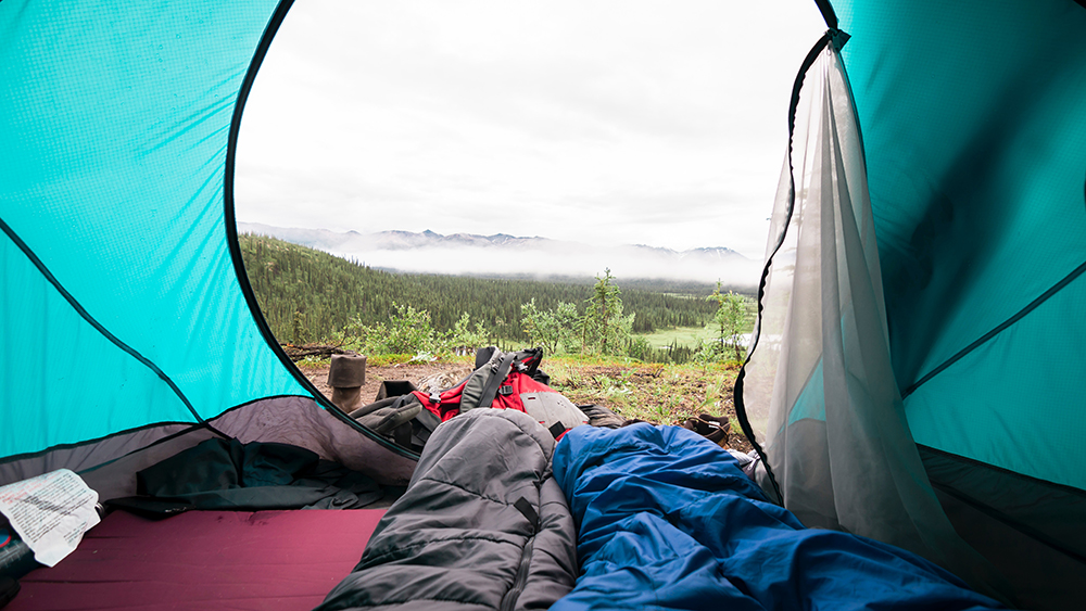 A pair of sleeping bags sits in an open tent.