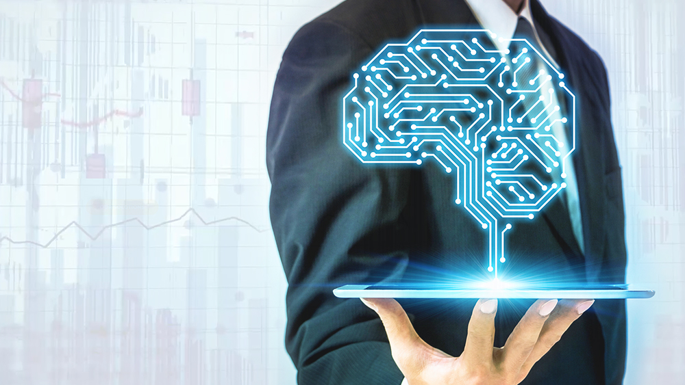 A man holds a platter with a digital brain floating over it