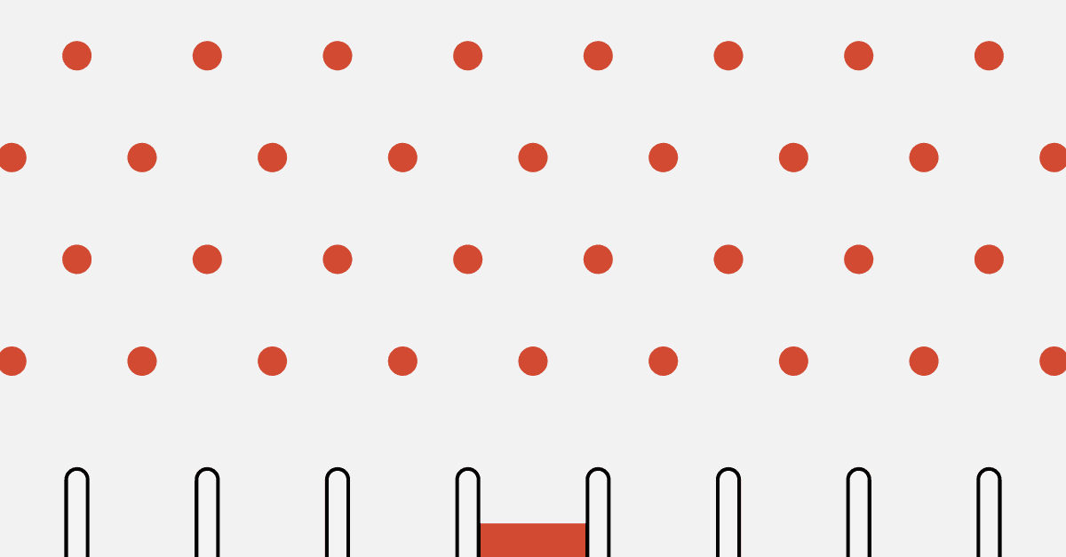 Red dots fall down a plinko board.